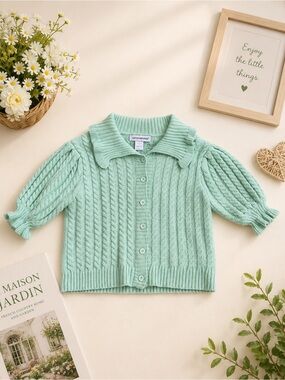 Cotton Emporium Mint Green Cable Knit Puff Sleeve Button Cardigan Sweater